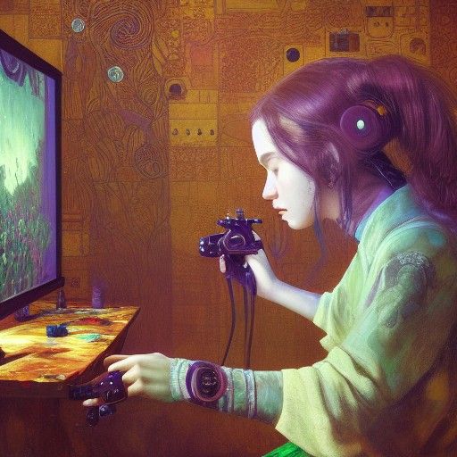 Teenage Girl Playing Video Games: Hyperdetailed Cel-Shaded A...