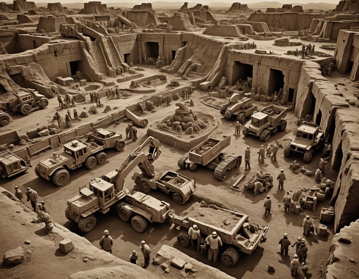 Sepia Photo: Ancient City Excavation With Mythical Sculpture...