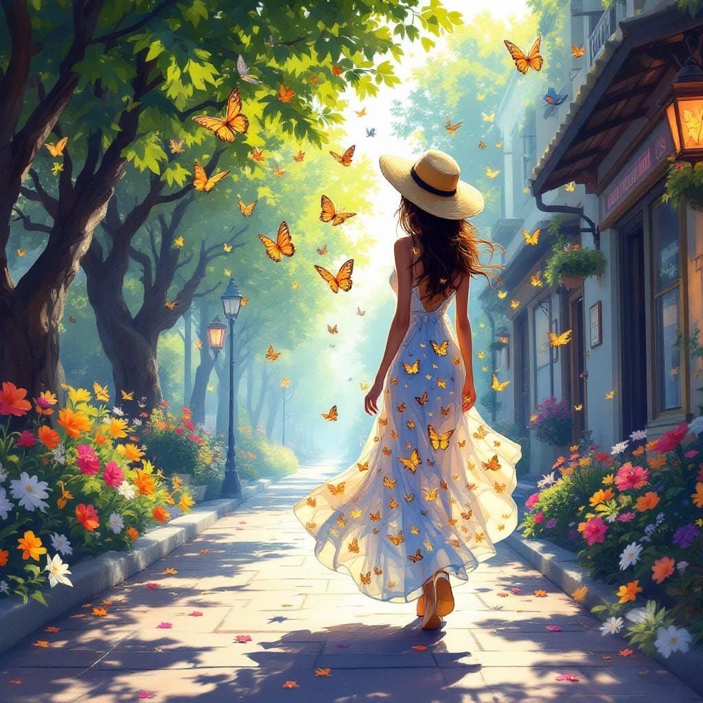 Whimsical Woman's Butterfly Dress on Vibrant Street