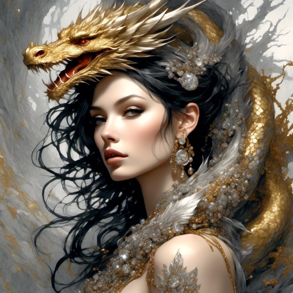 Girl with dragon tattoo outlined in gold silver diamond......