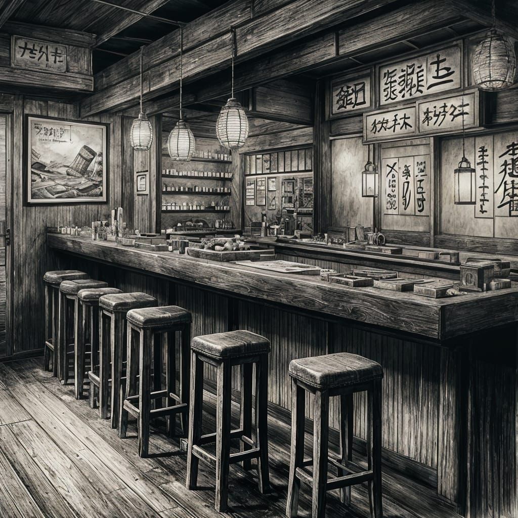 Abandoned Sushi Bar in Mysterious Japanese Sketch