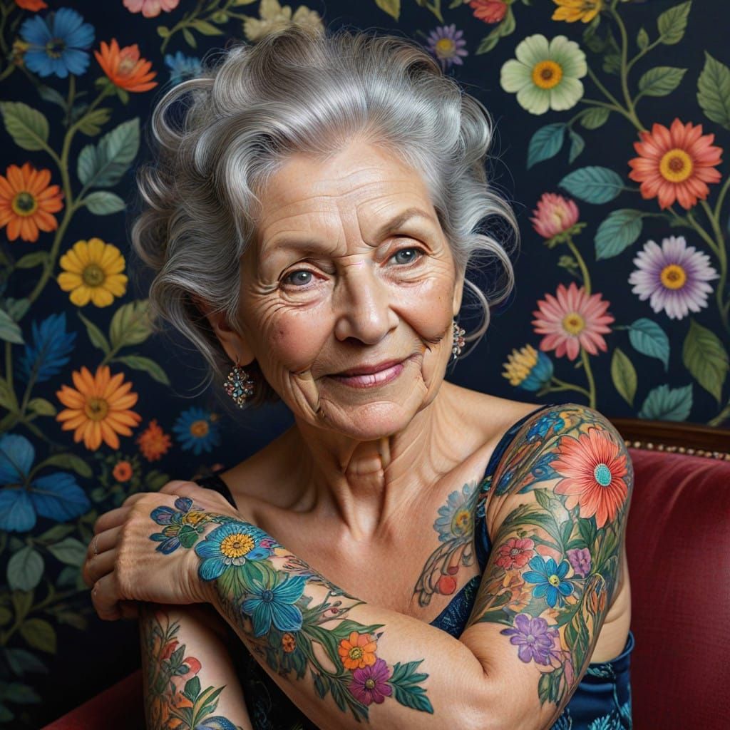 Elderly Woman with Vibrant Floral Tattoo in Whimsical Artist...