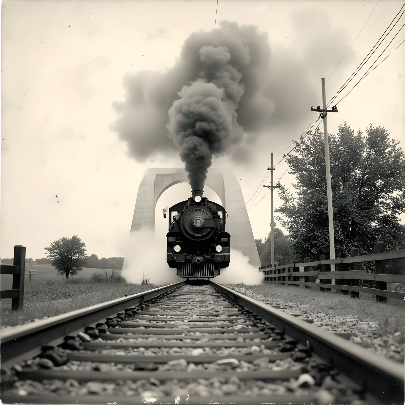 Vintage Train Approaching Under a Historic Concrete Bridge