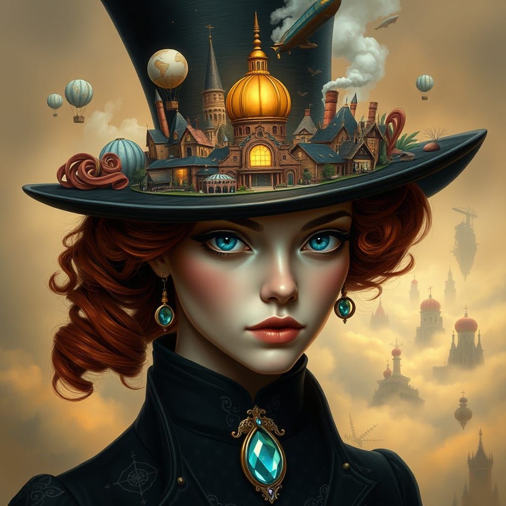 Surreal Woman with Steampunk City on Hat