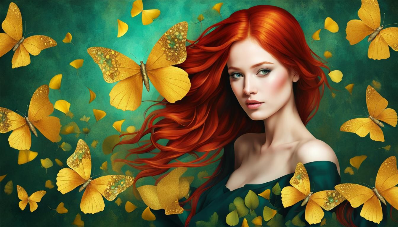 Red Haired Woman with Golden Butterfly Design