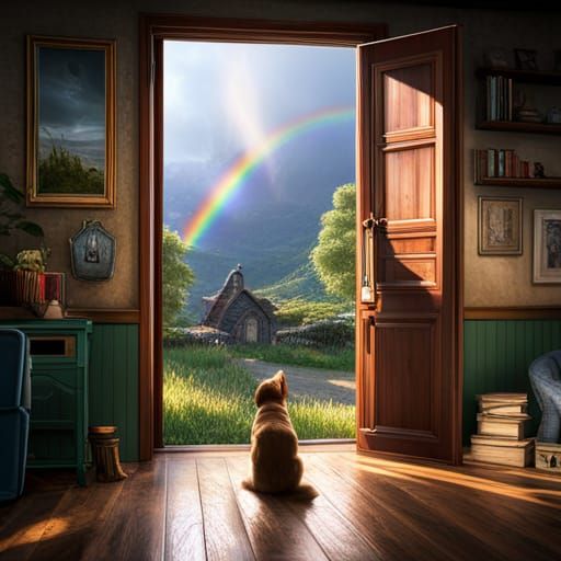 Dog Barking at Window with Rainbow, Detailed Matte Painting