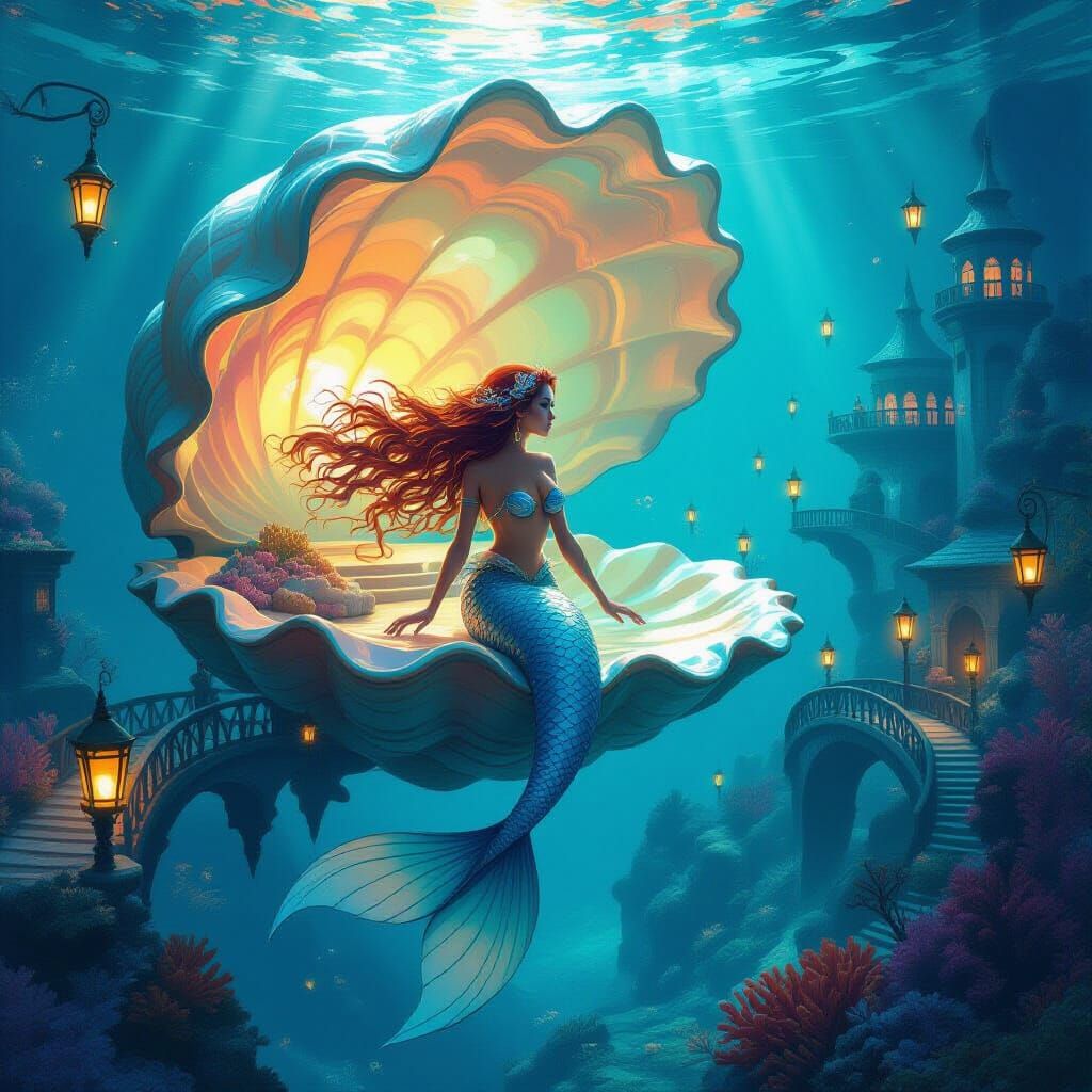 Underwater Metropolis Inside Conch Shell with Mermaid Guardi...
