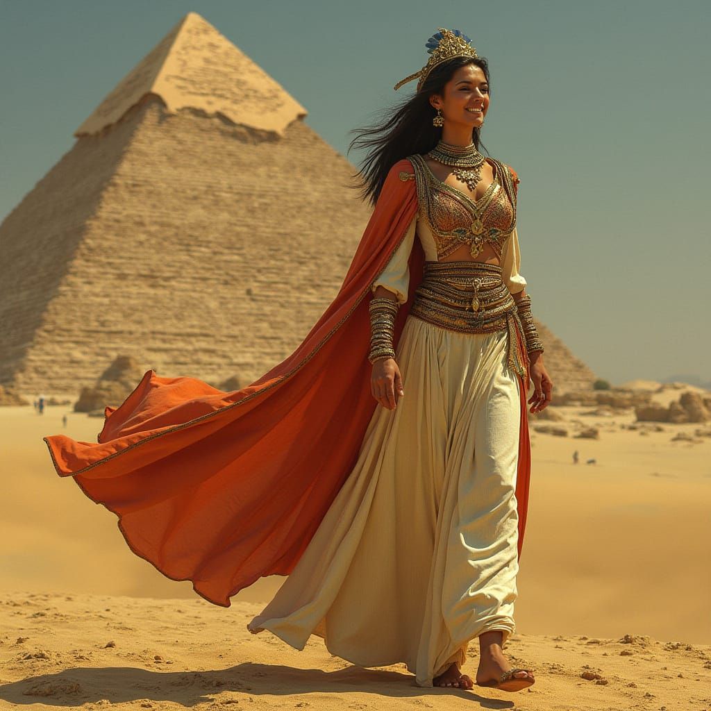 Elegant Egyptian Woman Near Pyramid in Historical Style