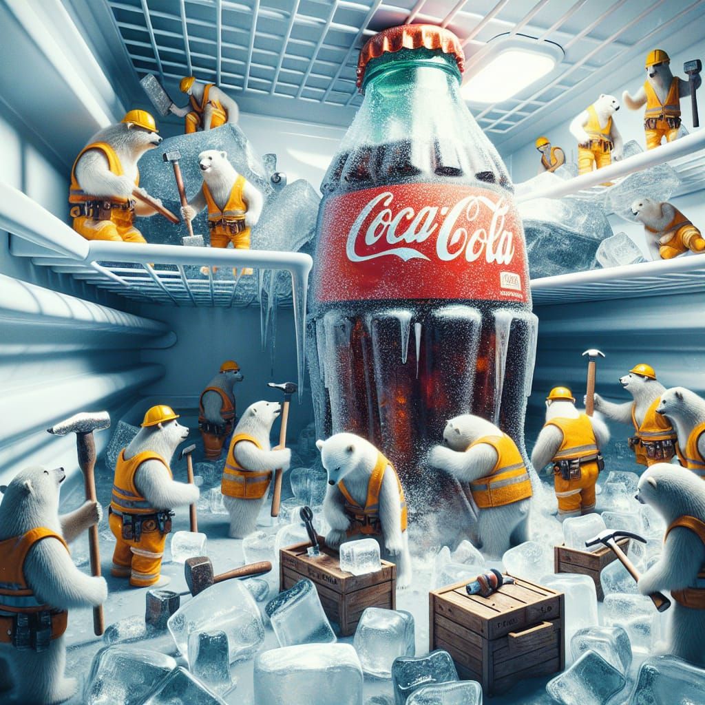 Polar Bear Stonemasons in a Dreamlike Cola Bottle Scene