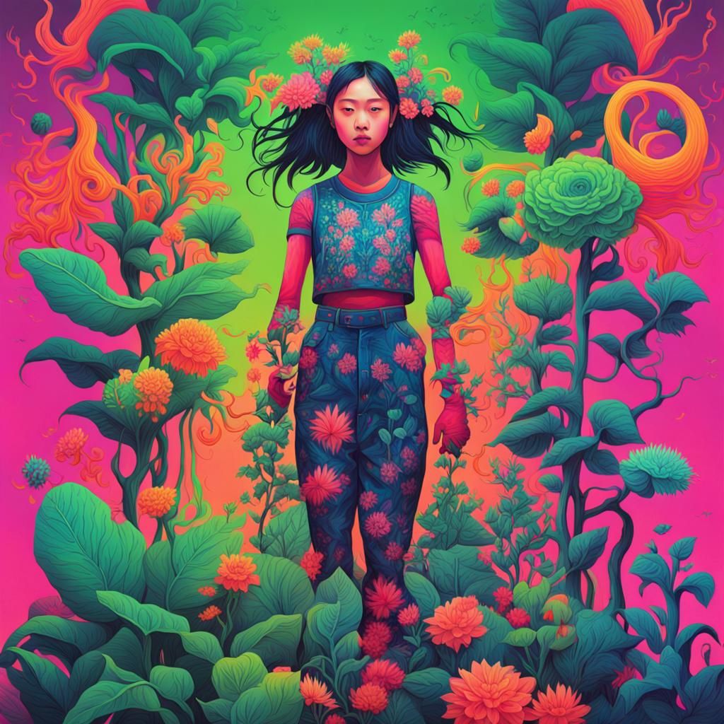 Human-Plant Chimera in Neon Garden, Bioluminescent Art