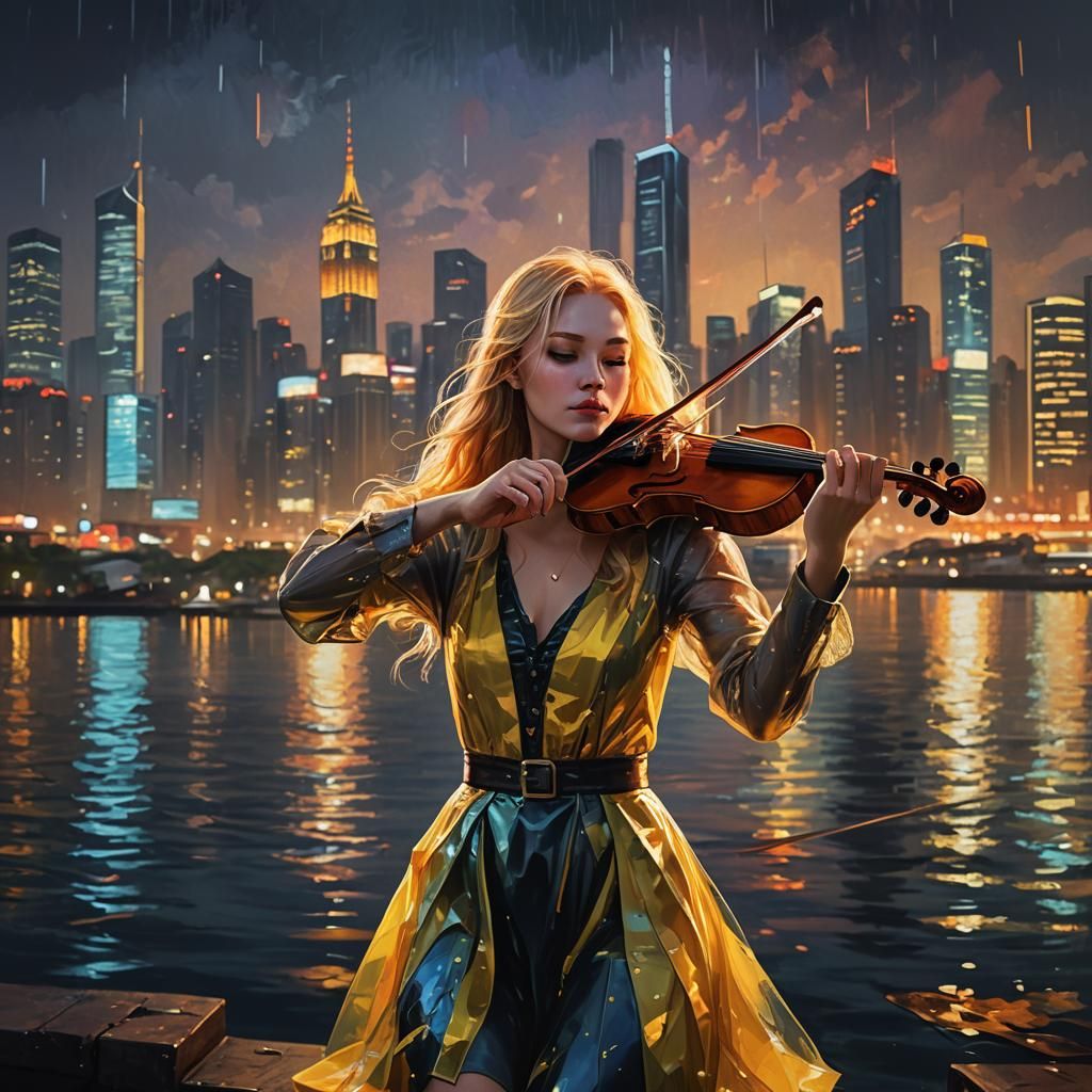 Night Waterfront Violinist in Hyperrealistic Style