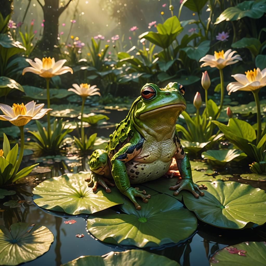 Frog in Magical Elf Garden: 3D Ultrarealistic Art