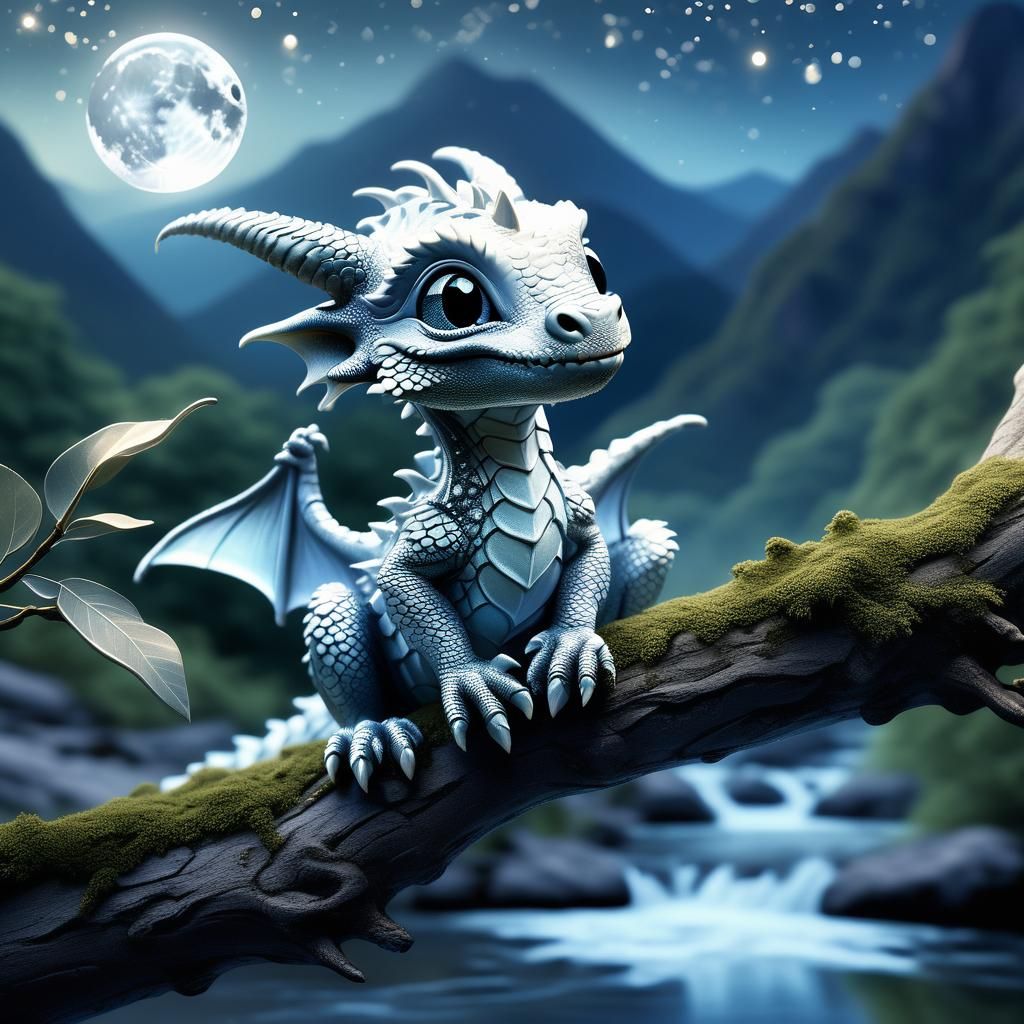 Baby Silver Dragon in Moonlight Fantasy Illustration