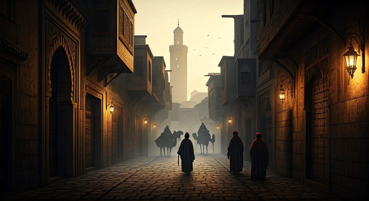 Misty Alleyway with Camel Caravans, Inspired by Historical P...