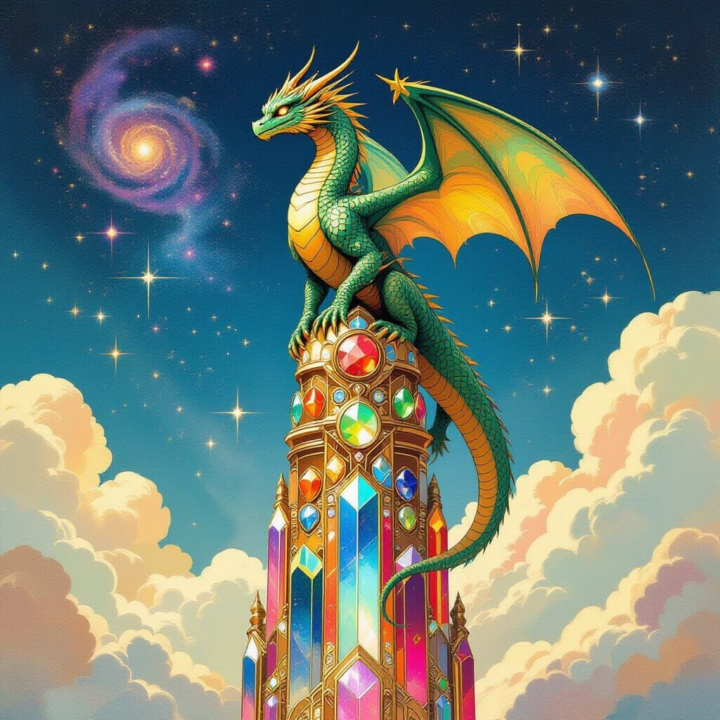 Iridescent Dragon on Jewel Spire in Sci-Fi Style