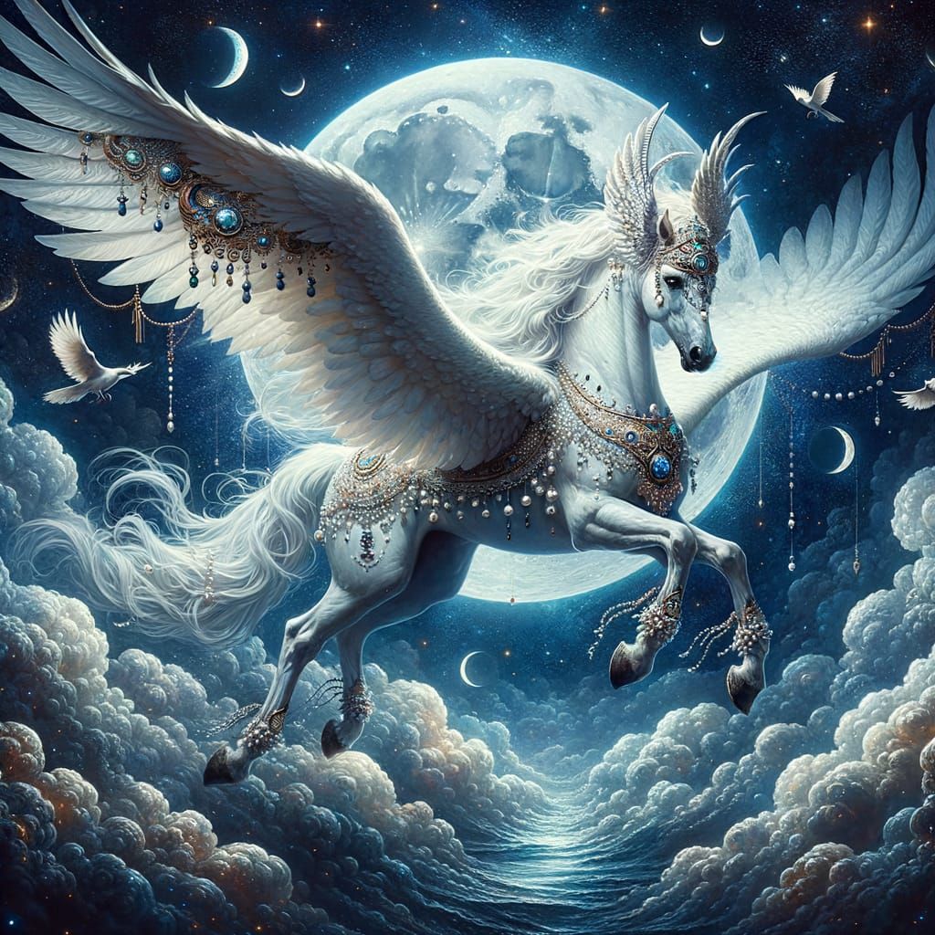 Glorious White Pegasus Soars Toward Radiant Full Moon in Mid...