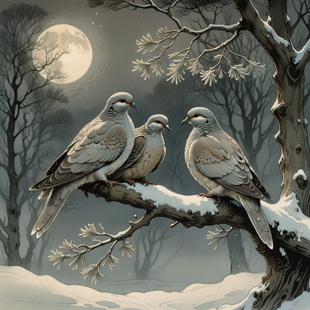Moonlit Turtle Doves in a Winter Wonderland
