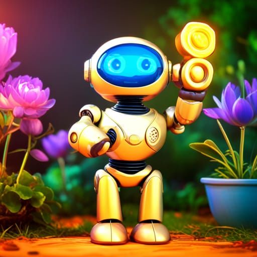 Cute Gold Robot Loves Cats: 3D Digital Art