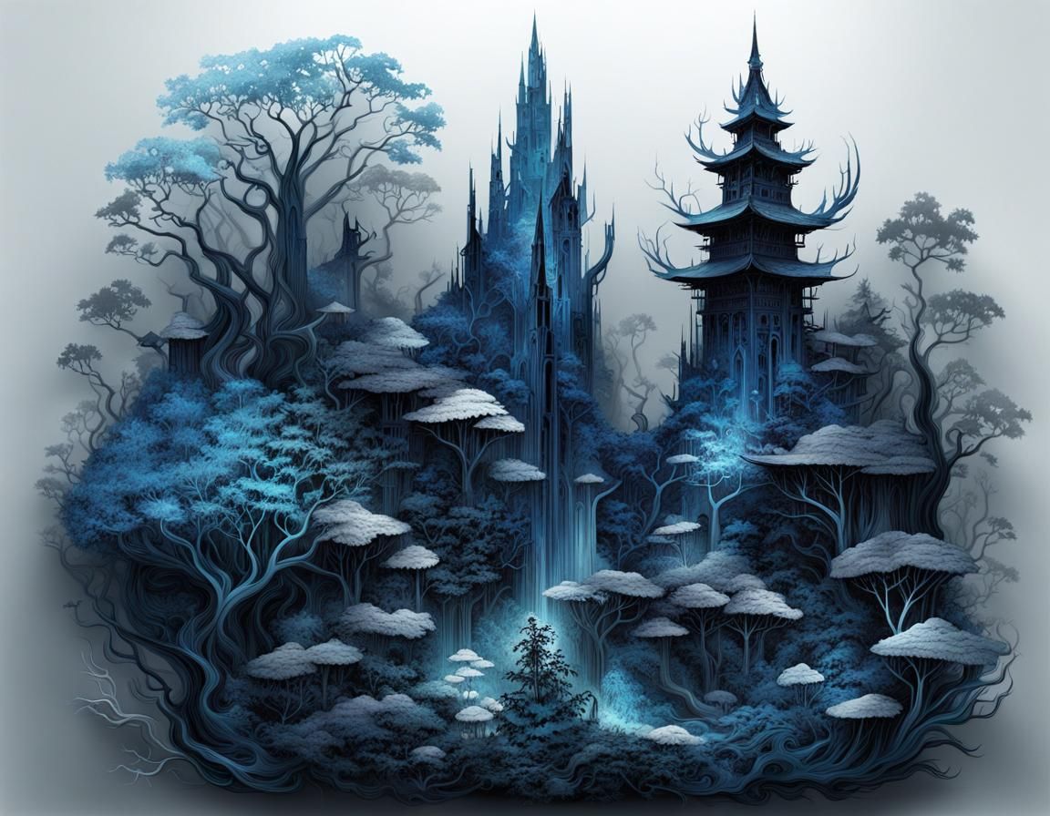 Blue Metalwork Myceliumscape Sculpture in Digital Art Style