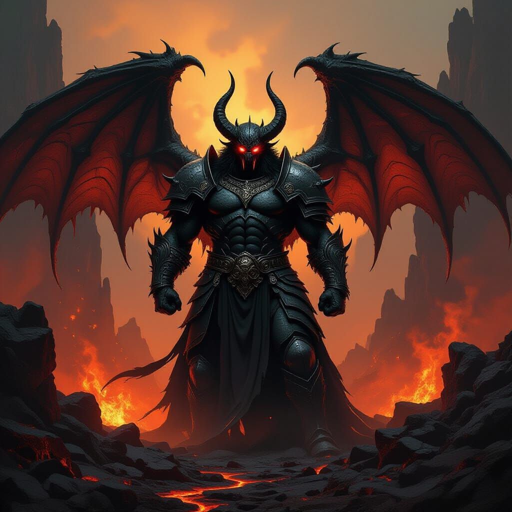 Colossal Demon in Hell's Depths: Hyperrealistic Art