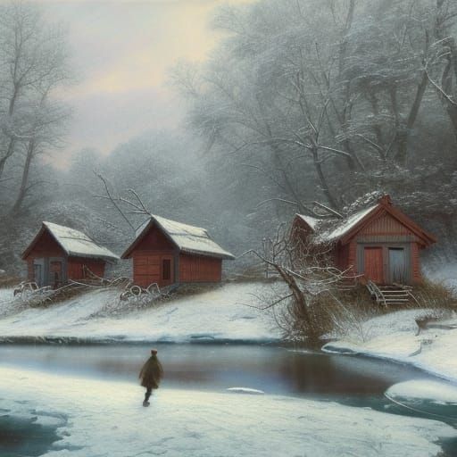Victorian Winter Village on Frozen River: Watercolor Art
