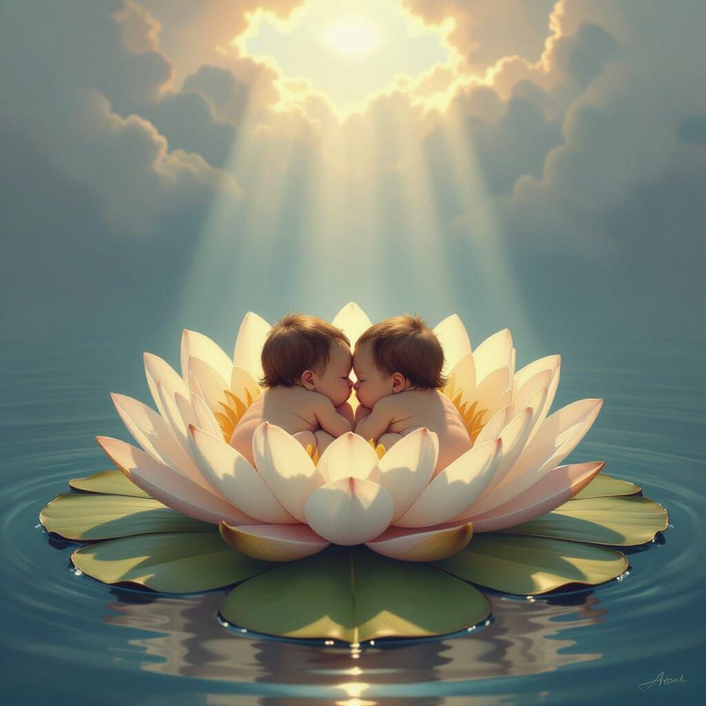Twin Babies on Water Lily in Ethereal Light