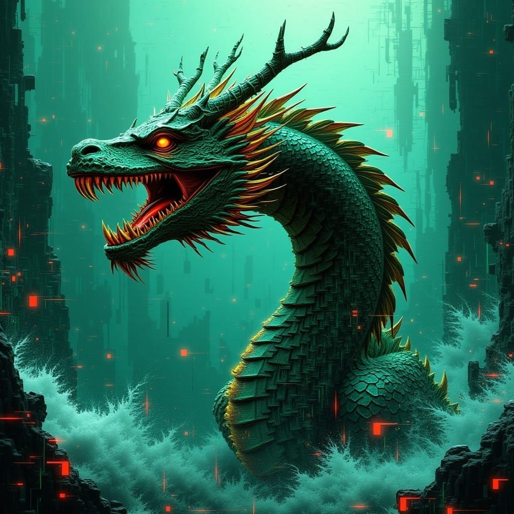 Cyberpunk Dragon King Rises from the Ocean