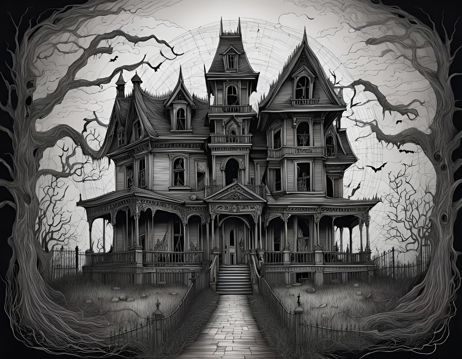 Intricate Line Art Drawing of a Haunted House