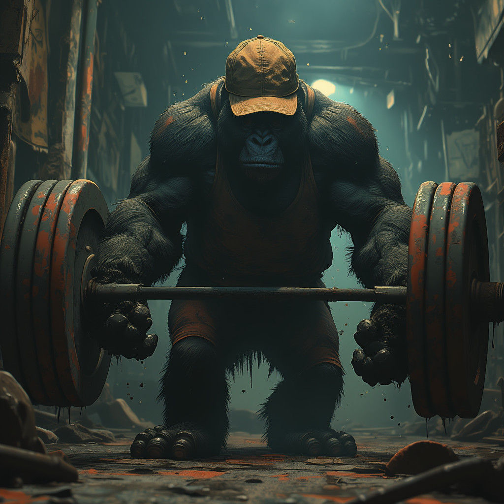Weightlifting Gorilla in Atmospheric Gym: Concept Art