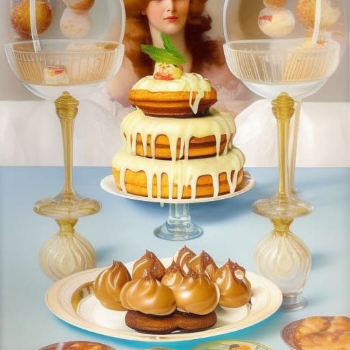 Art Nouveau Woman Enjoys Cream Puff Dessert