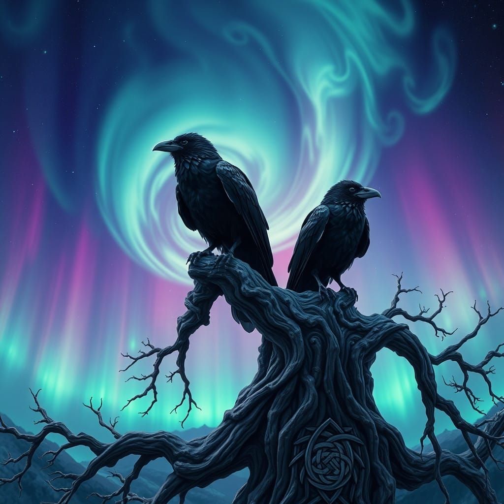 Ethereal Ravens Soar Amidst Whirling Northern Lights in Celt...