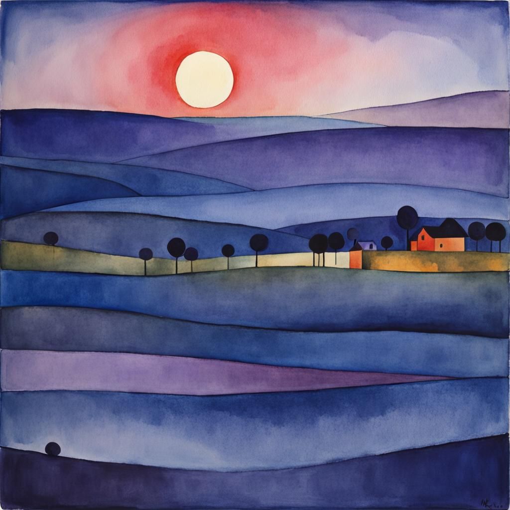 Melancholy Landscape at Blue Hour in Watercolor Style