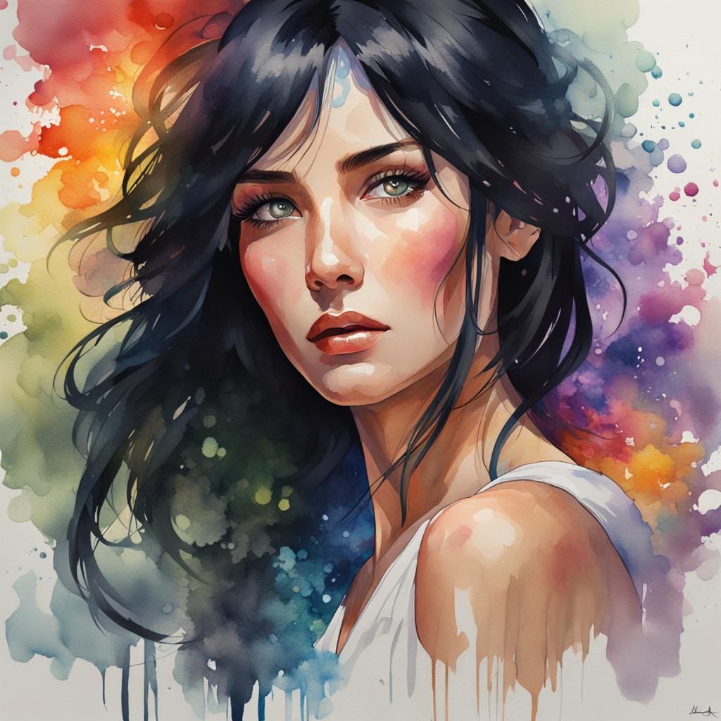 Watercolor Portrait of a Woman with Multicolor Eyes