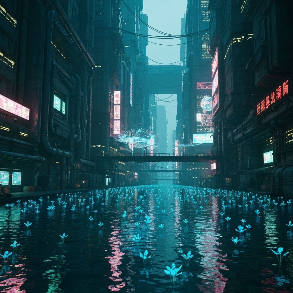 Cyberpunk Underwater City with Bioluminescent Sea Creatures