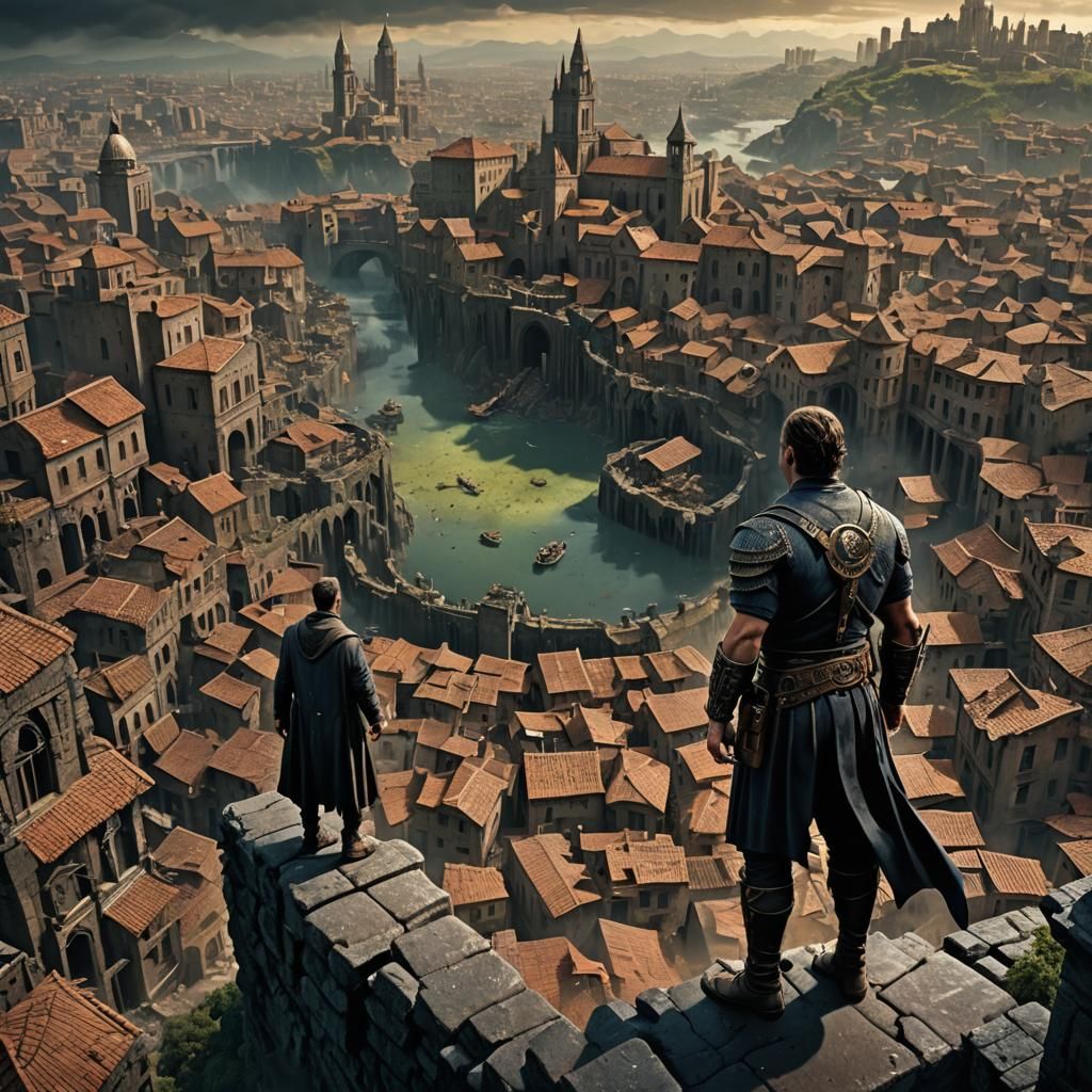 Apocalyptic Scene: Figure Overlooking Ruined City