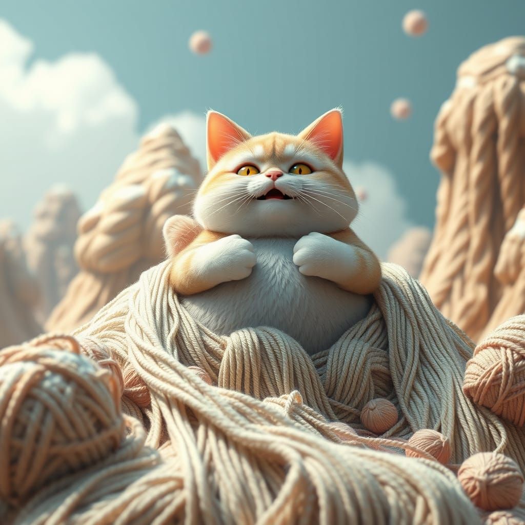 Fat Cat Emerges from Yarn Mountain: 3D Anime Art