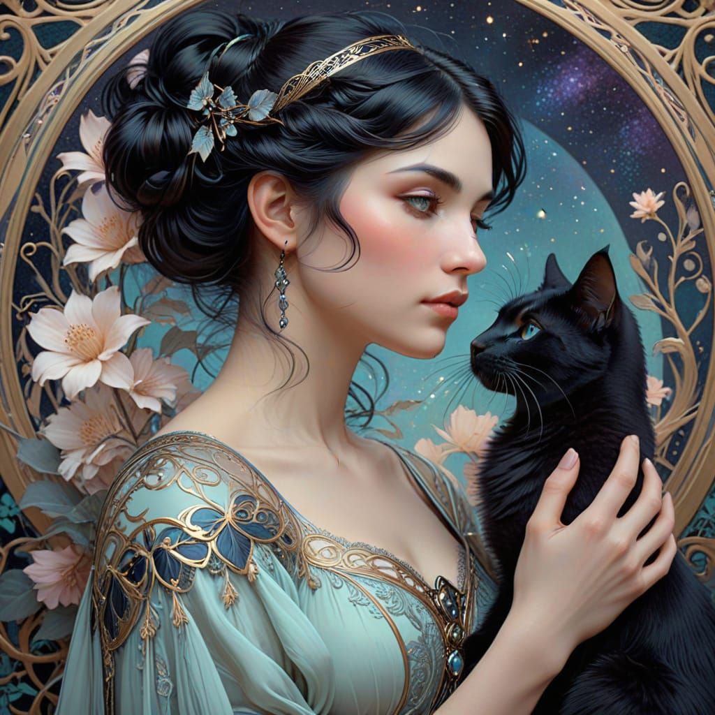 Art Nouveau Woman with Cat in Alphonse Mucha Style