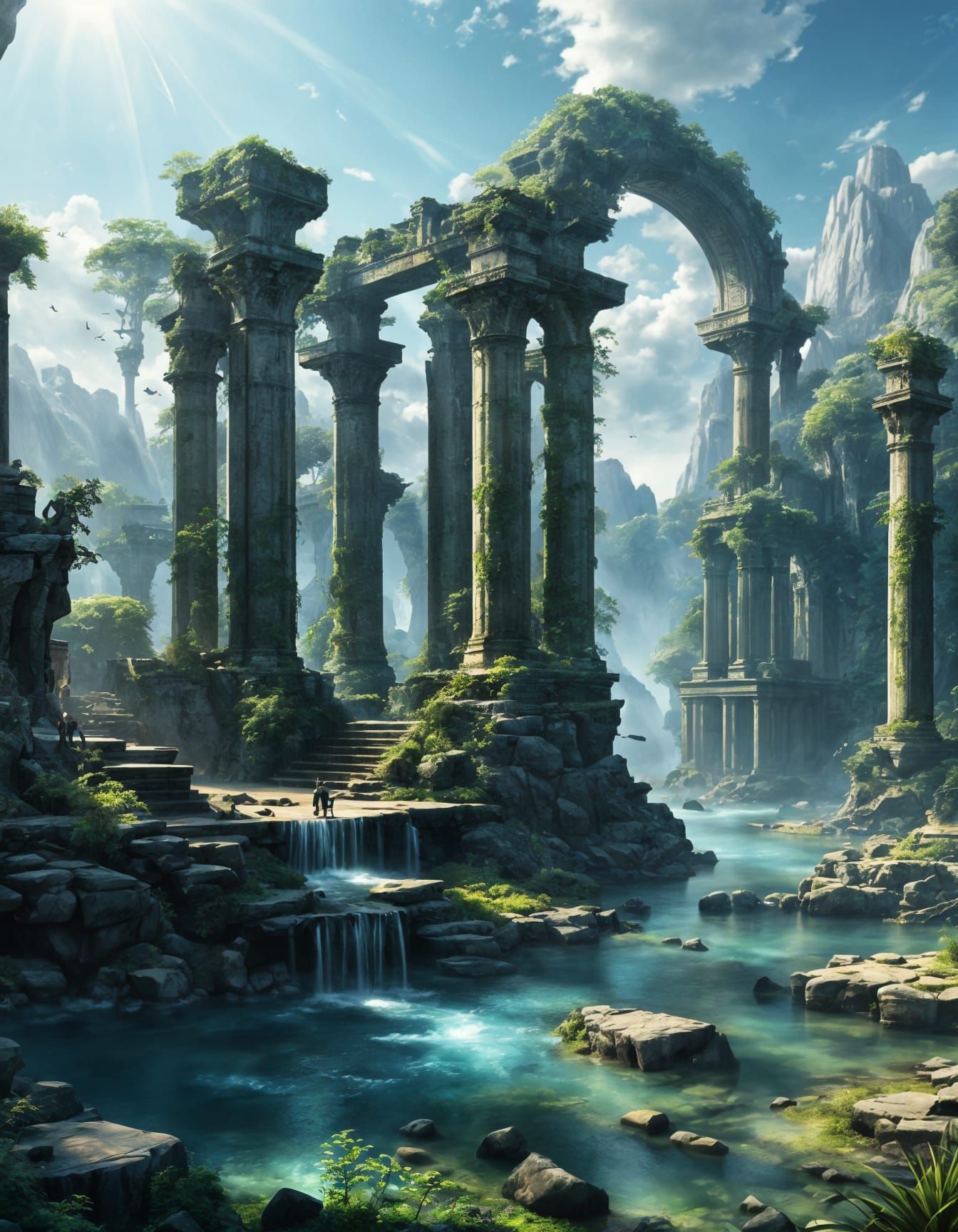 Utopian Ruins: Serene Landscape in Watercolor Scheme