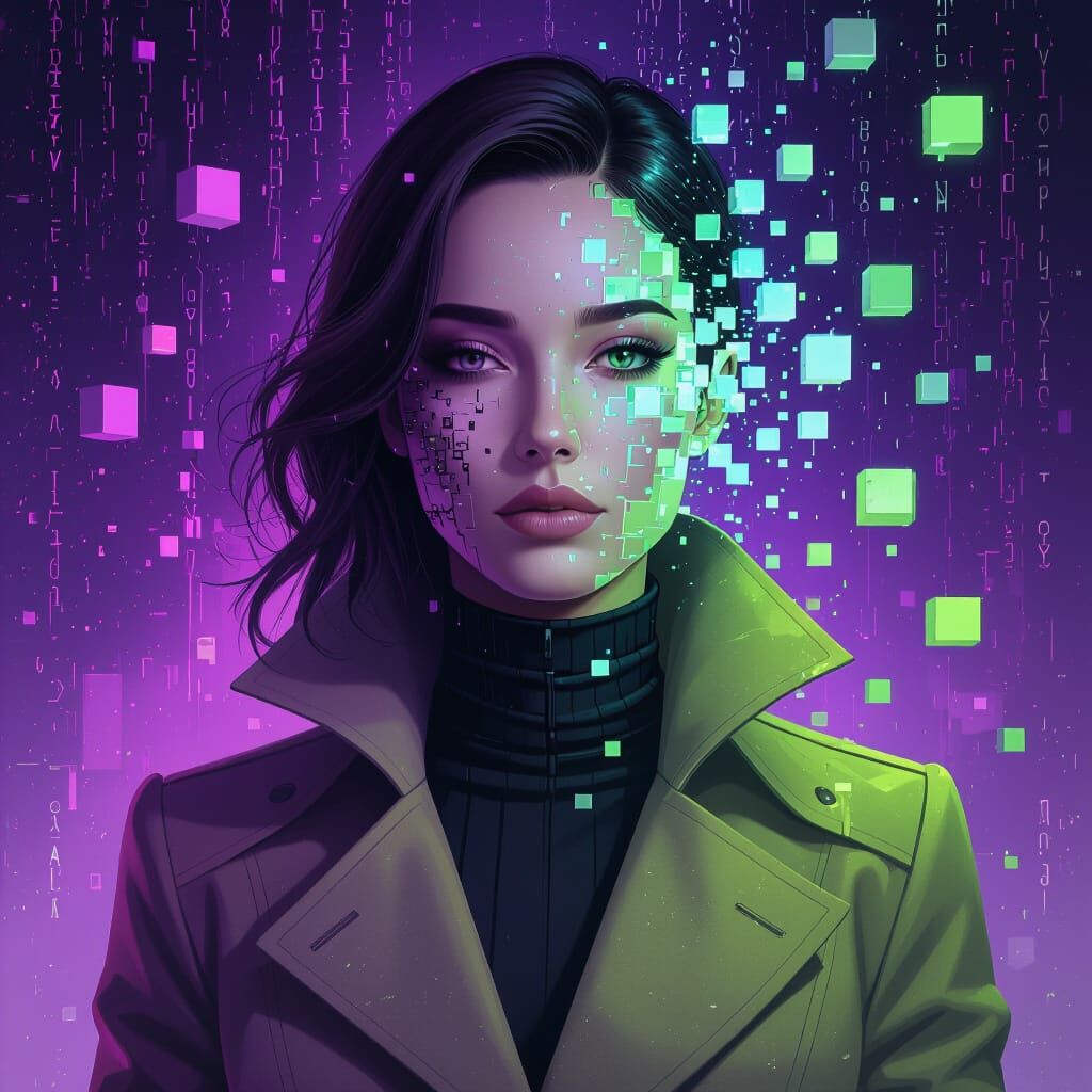 Serene Woman's Portrait Disintegrating into Data Cubes