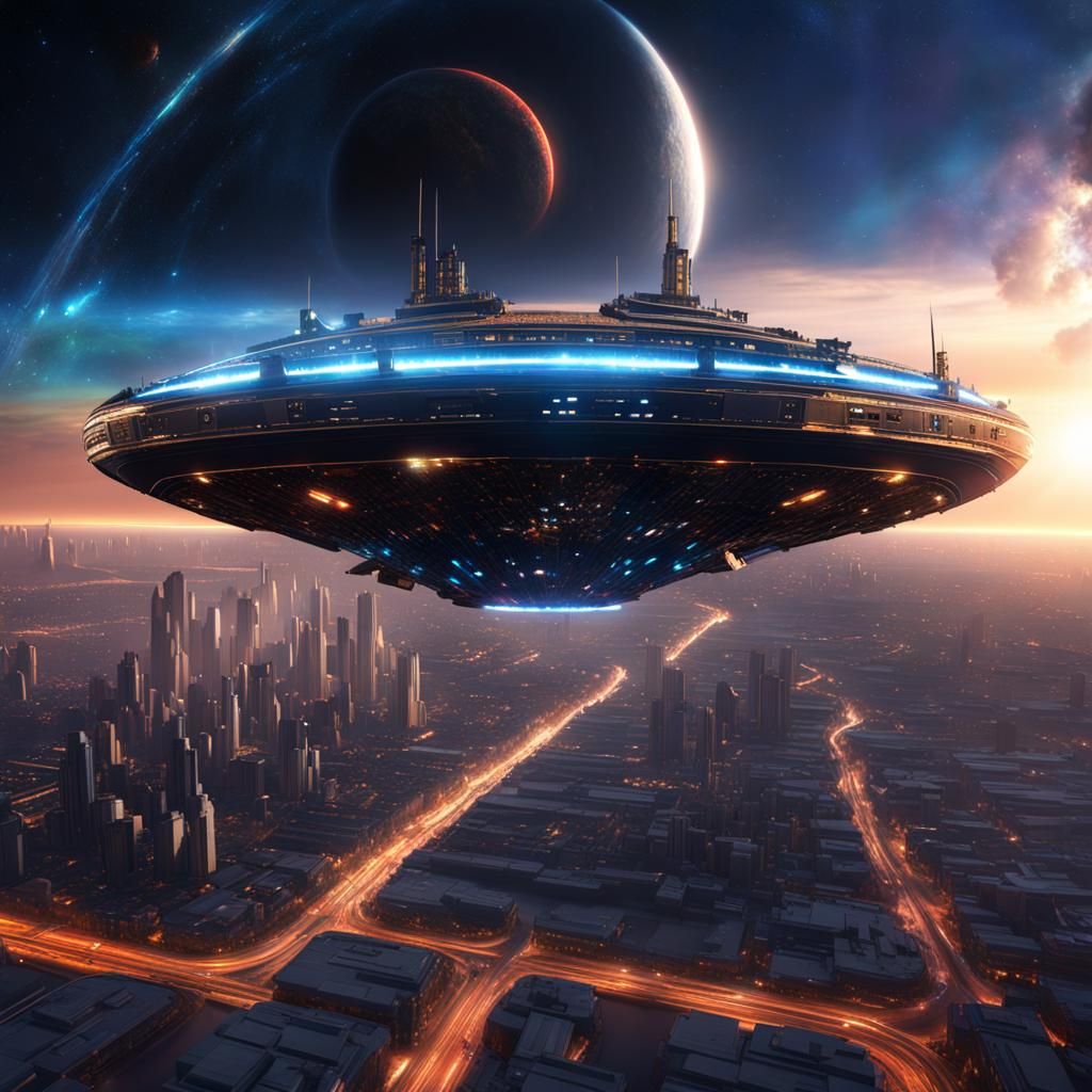 Titanic Spaceship City in Galactic Setting, 3D Render