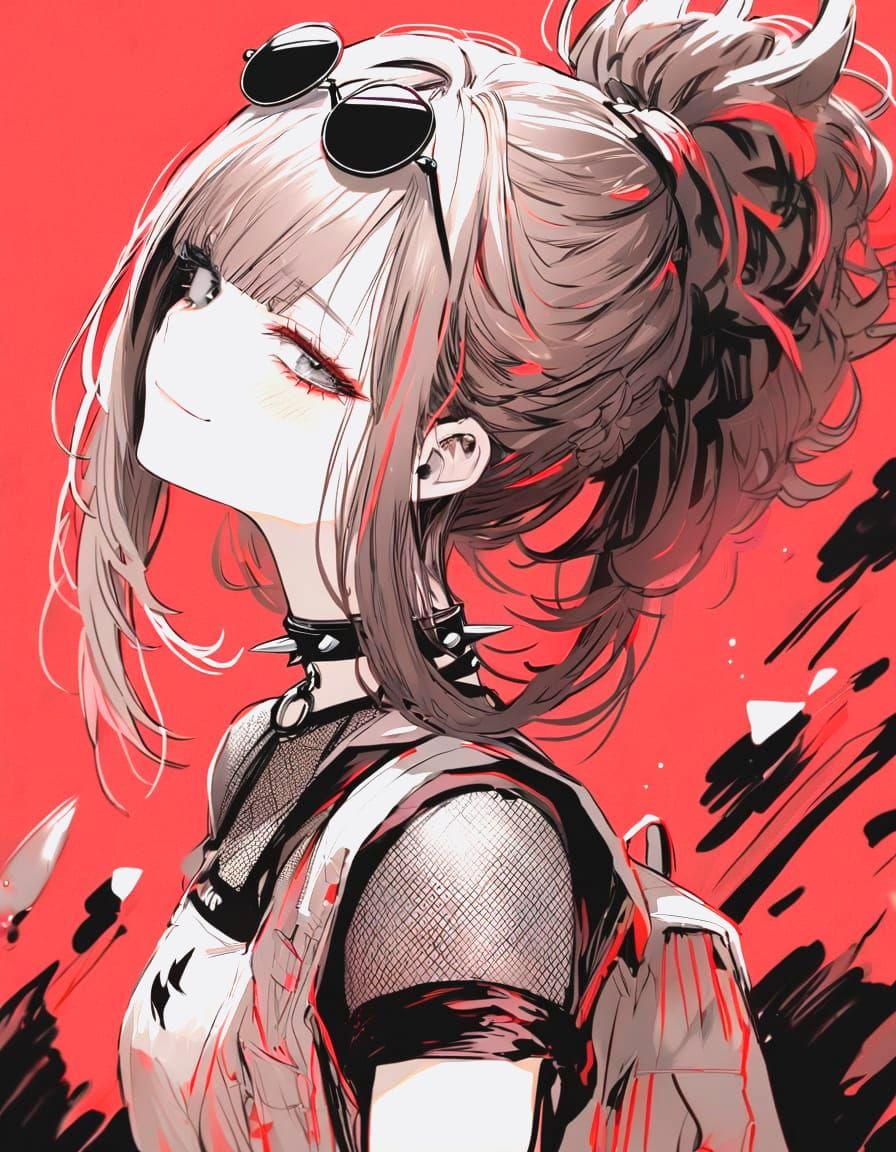 Punk Girl with Crimson Hair in Monochrome Sketch