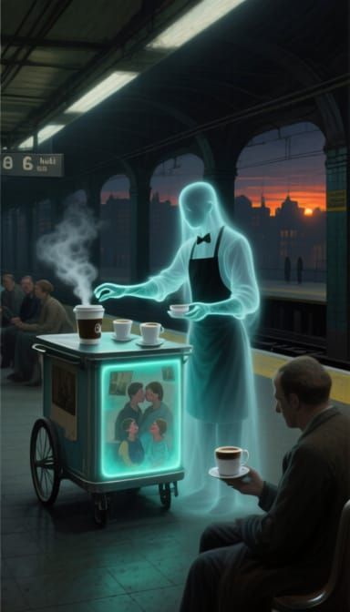 Ethereal Midnight Coffee Cart in Subway Station