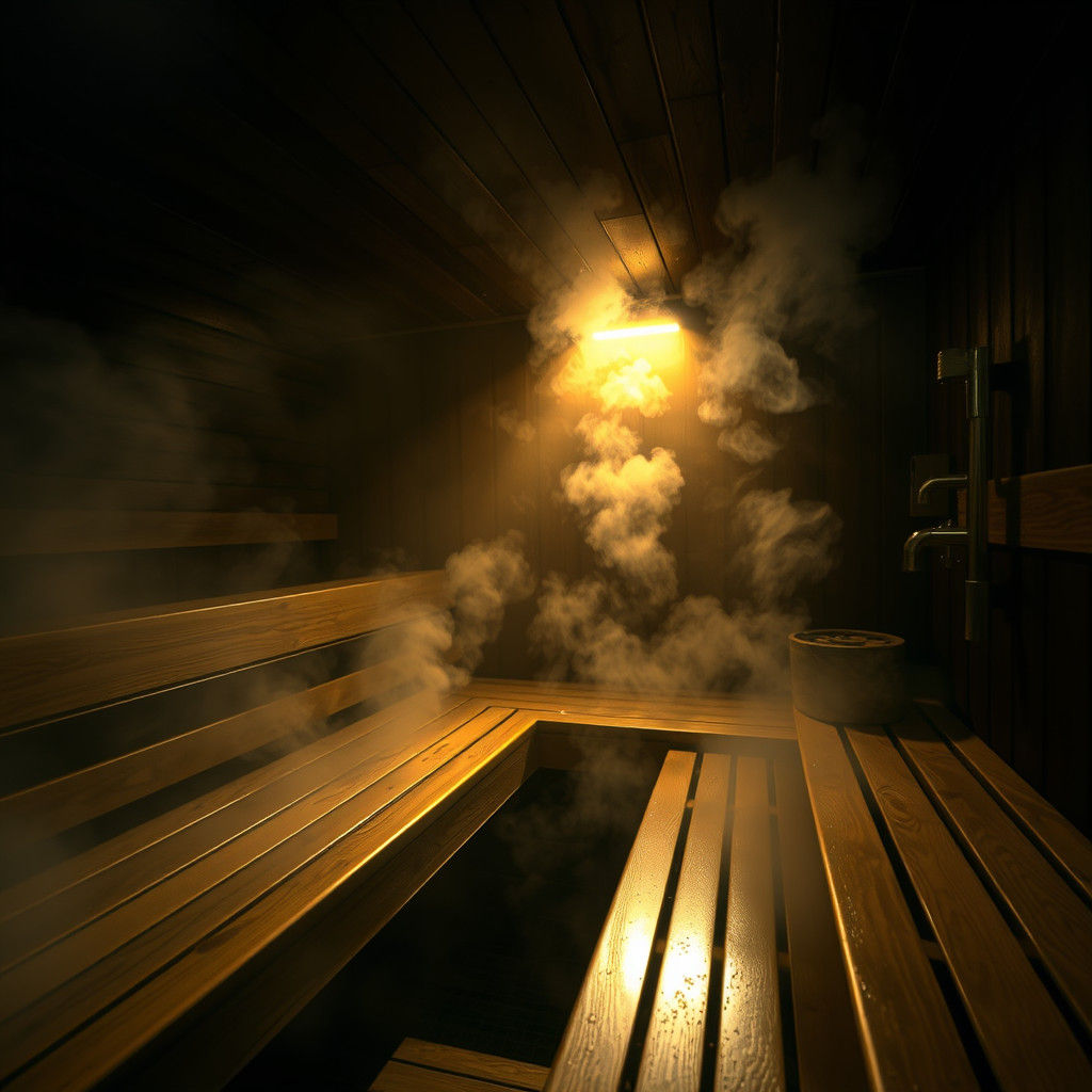 Atmospheric Sauna with Swirling Steam and Golden Light