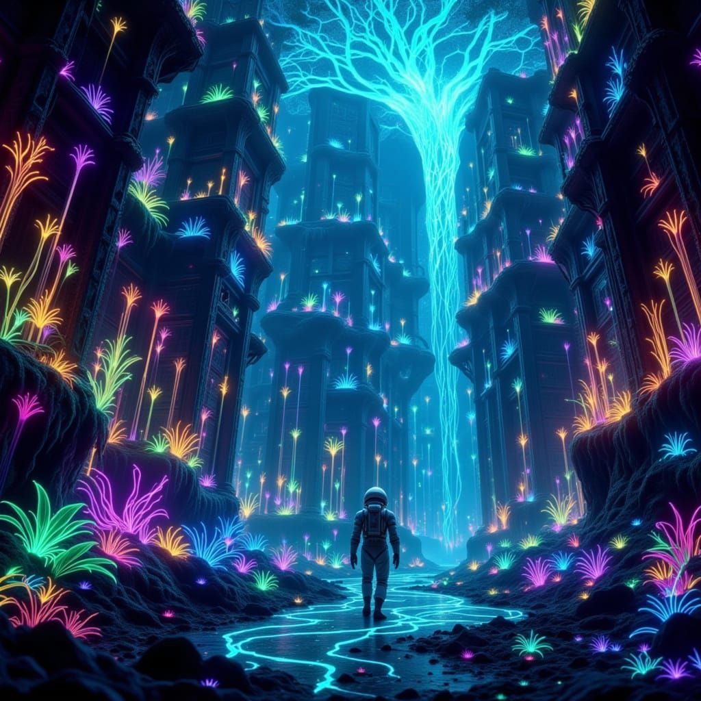 Bioluminescent Rainforest Reclaims Abandoned Cityscape