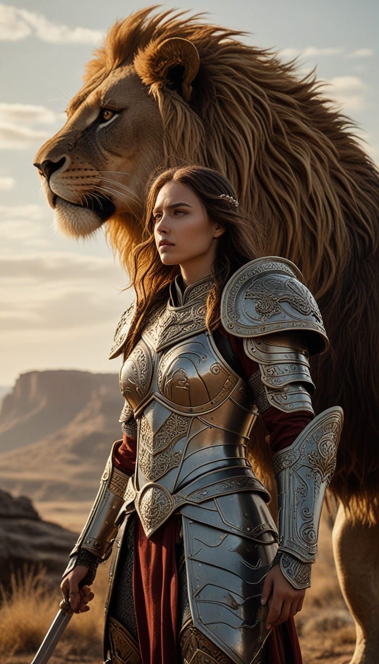 Epic Warrior Woman in Steel Armour with Loyal Lion