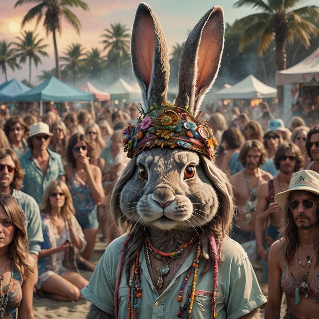 Anthropomorphic Rabbit at 70s Beach Party in Digital Art