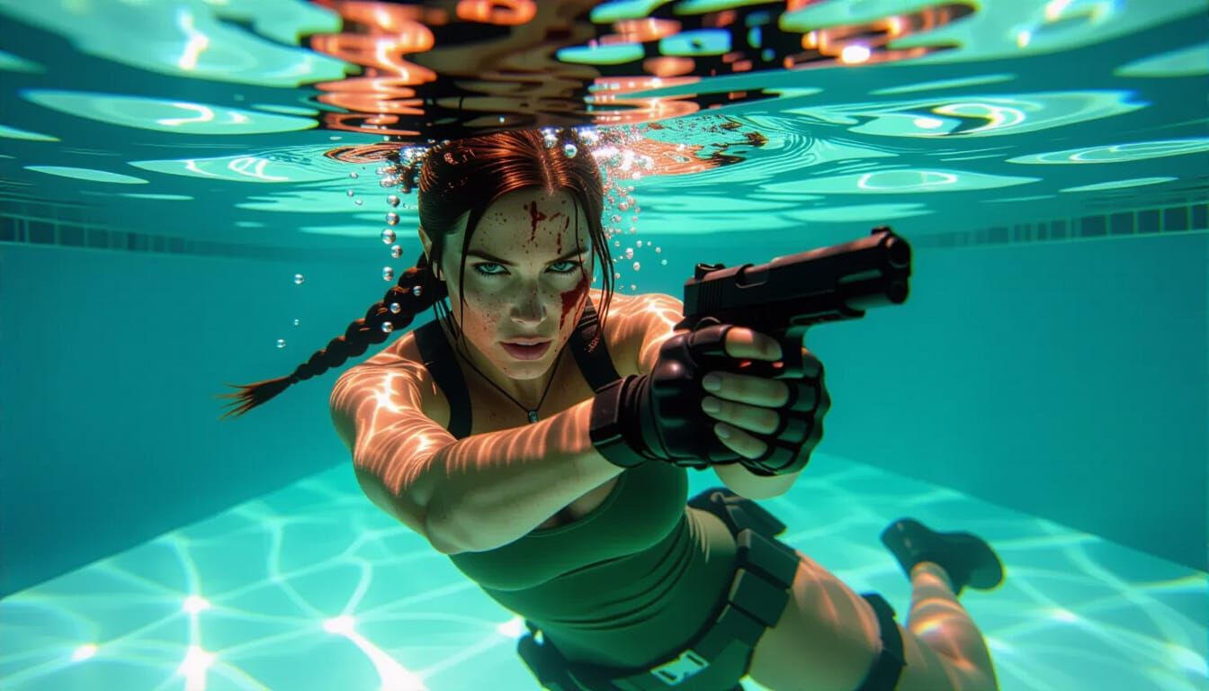Lara Croft Underwater with Pistol in Pool