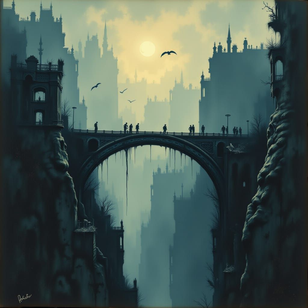 Ethereal Bridge Over Chasm at Dawn: Dramatic Digital Paintin...