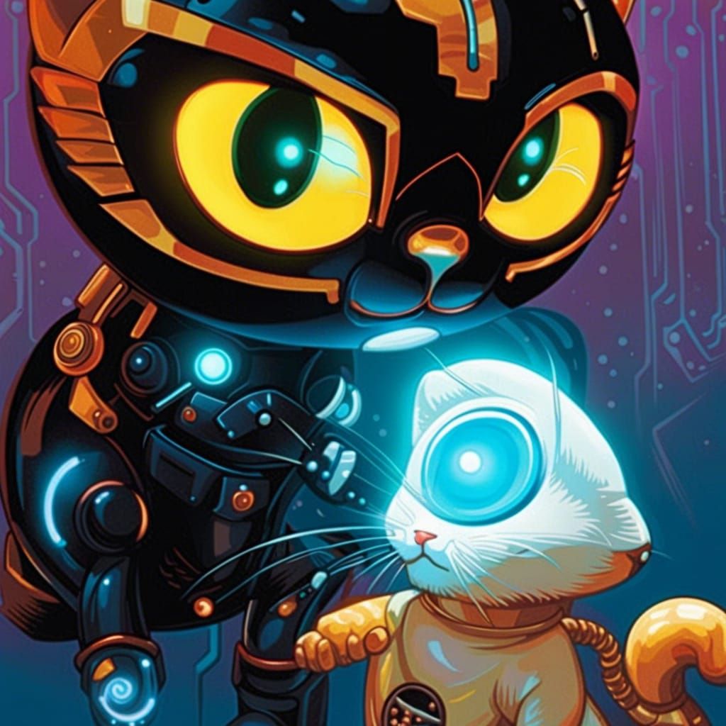 Robot Kitten and Mouse in Pop Surrealism Style