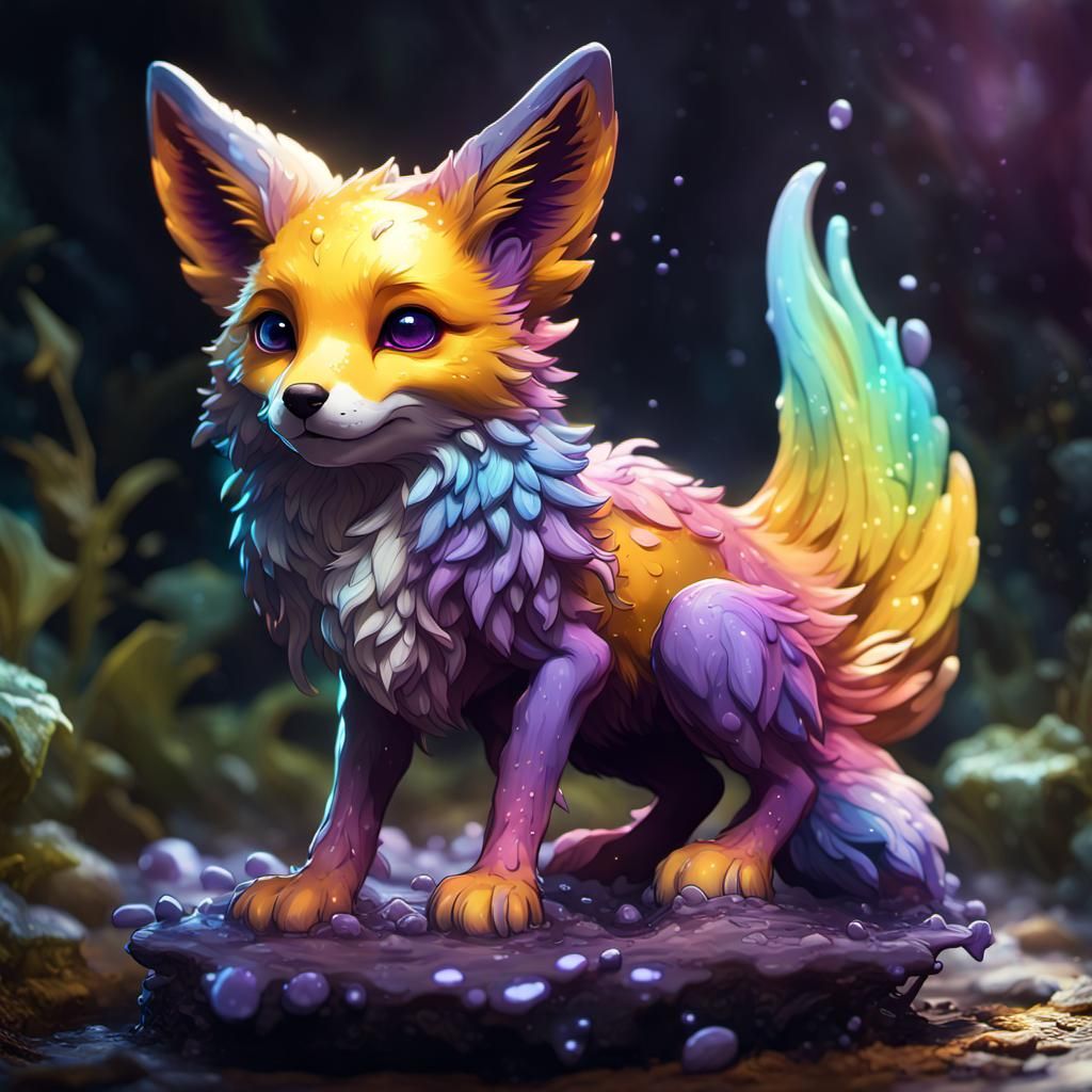 Rainbow Winged Slime Fox Pup: Dark Fantasy Art